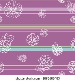 Vector minimalistic  purple pattern with white contours flowers.