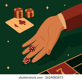Vector minimalistic retro illustration of male hand throwing dice, playing dice on green casino background, chips, cards. Casino scene symbolizes excitement, risk. Use for casino and poker projects