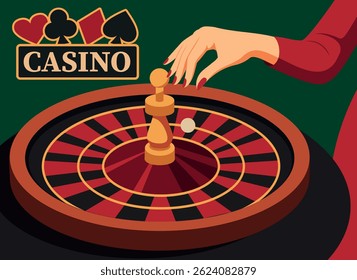 Vector minimalistic retro illustration of a woman's hand spinning a ball on a roulette wheel. Casino logo. Elegant casino scene symbolizes excitement, risk, style. Use for casino and poker project