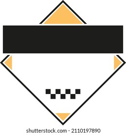 Vector minimalistic retro vintage taxi service logo using rhombus shape, black outline color, and inserts for text, golden splashes, and white background, taxi checker in black at the bottom