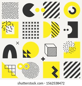 Vector minimalistic seamless pattern with bright bold geometric shapes. Hipster Memphis style. Trendy graphic elements for your unique design.