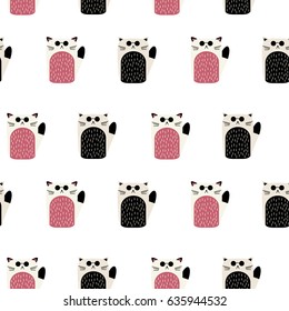 Vector minimalistic seamless pattern with cats in round glasses. Colored kids pattern for textile, paper, book, game, cards, banner, web design.