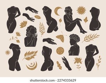 Vector minimalistic set of female bodies and golden mystical elements. Female abstract concept illustration, beautiful esoteric female silhouettes. 