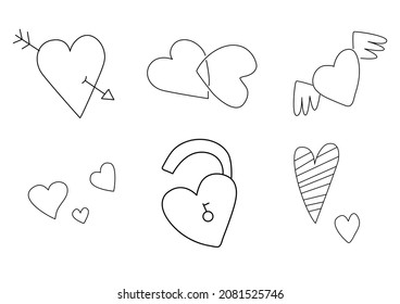 Vector minimalistic set with hearts of different shapes in outline style isolated on white background. Can be used for designs for valentine's day,to design holiday cards, presentations, websites