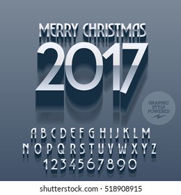 Vector minimalistic silver Merry Christmas 2017 greeting card with set of letters, symbols and numbers. File contains graphic styles