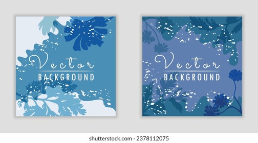 Vector minimalistic square banners with plant parts made as silhouettes. Colorful background with free-shaped, wavy parts of different colors. Two vector backgrounds, posters, banners, cards, etc.