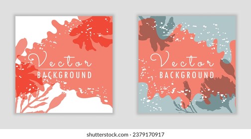 Vector minimalistic square banners with plant parts made as silhouettes. Colorful background with free-shaped, wavy parts of different colors. Two vector backgrounds, posters, banners, cards, etc.