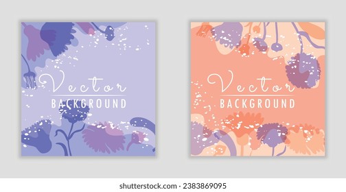 Vector minimalistic square banners with plant parts made as silhouettes. Colorful background with free-shaped, wavy parts of different colors. Two vector backgrounds, posters, banners, cards, etc.