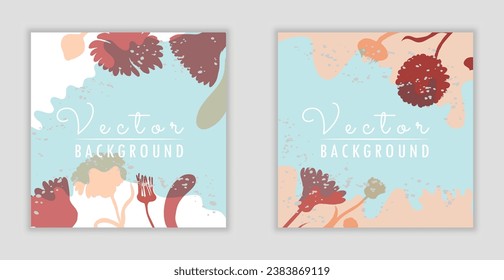 Pancartas cuadradas minimalistas vectoriales con partes de plantas hechas como siluetas. Fondo colorido con partes onduladas de diferentes colores en forma libre. Dos fondos vectoriales, afiches, pancartas, tarjetas, etc.
