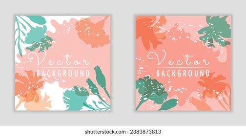 Vector minimalistic square banners with plant parts made as silhouettes. Colorful background with free-shaped, wavy parts of different colors. Two vector backgrounds, posters, banners, cards, etc.