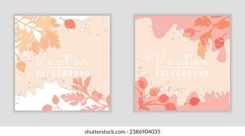 Vector minimalistic square banners with plant parts made as silhouettes. Colorful background with free-shaped, wavy parts of different colors. Two vector backgrounds, posters, banners, cards, etc.