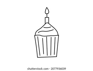 Vector minimalistic style cake with a candle   in outline style isolated on white background. Can be used to design holiday cards, presentations, websites