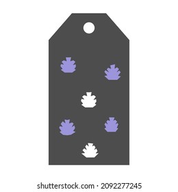 Vector minimalistic tag with hand drawn abstract elements (violet and white spruce cones). Flat concept with simple shapes. Label illustration for decoration of Xmas present boxes. Grey background