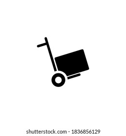 Vector minimalistic trolley icon with box or briefcase on top, held up in black on white background. Year-end discount. Christmas long holiday. New Year 2021.