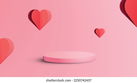 	
Vector minimalistic valentines day background in pink and red colors with product display or podium and heart shaped for product display presentation. Vector geometric rendering platform design.