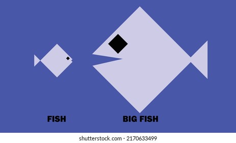 Papel de pantalla minimalista vectorial. Pescado y peces grandes. Idóneo como comparación en marketing, negociación o inversión. El fondo azul como símbolo del mar. Animales, peces, comerciantes depredadores.
