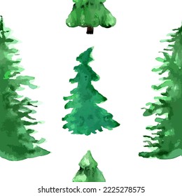 Vector minimalistic watercolor hand drawn seamless pattern with Christmas fir tree on white background. New year holiday decoration illustration 
