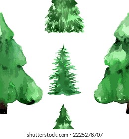 Vector minimalistic watercolor hand drawn seamless pattern with Christmas fir tree on white background. New year holiday decoration illustration 