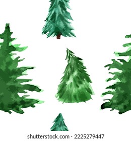 Vector minimalistic watercolor hand drawn seamless pattern with Christmas fir tree on white background. New year holiday decoration illustration 
