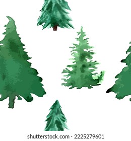 Vector minimalistic watercolor hand drawn seamless pattern with Christmas fir tree on white background. New year holiday decoration illustration 