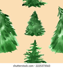 Vector minimalistic watercolor hand drawn seamless pattern with Christmas fir tree on white background. New year holiday decoration illustration