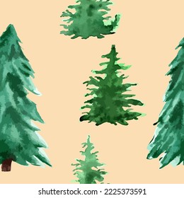 Vector minimalistic watercolor hand drawn seamless pattern with Christmas fir tree on white background. New year holiday decoration illustration