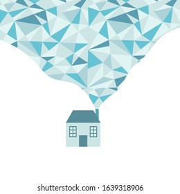 Vector minimalistic winter card with negative space; blue house and polygonal smoke on white background.