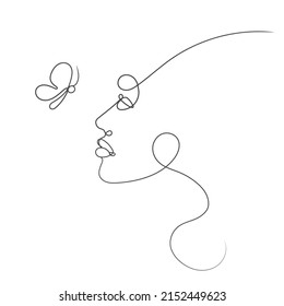 Vector Minimalistic Woman's Profile Line Art, Black and White Illustration Template, Single Continuous Line Drawing, Elegant Shape, Woman and Butterfly on White Background, One Line Drawing.