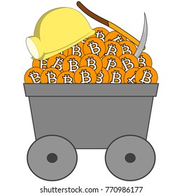 vector mining trolley with bitcoin, helmet and mining pick