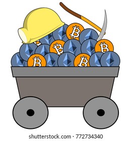 Vector mining trolley full of ethereum and bitcoins with mining tools