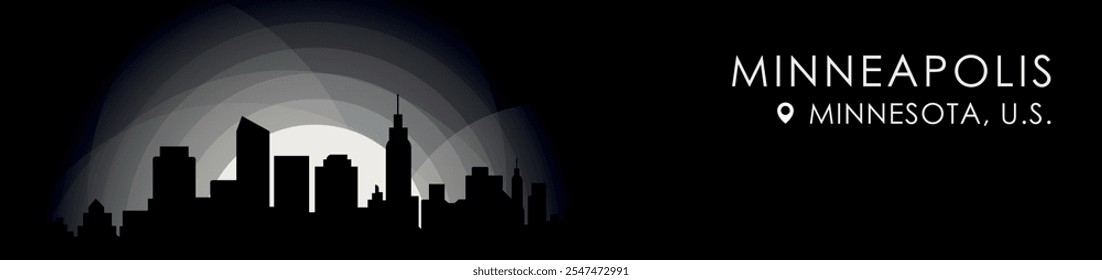 Vector Minneapolis, Anuncio de paisaje urbano de Minnesota. Cartel en blanco y negro imagen de perfil del estado de Estados Unidos para encabezado, pie de página