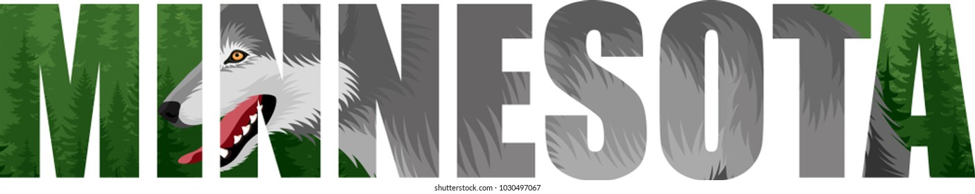 vector Minnesota - American state word with wolf and forest woodland