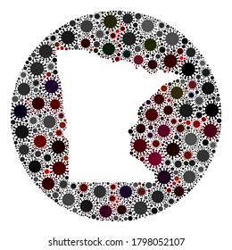 Vector Minnesota State Map Collage of covid-2019 Virus. Eine Infektion greift das isolierte Gebiet aus der Außenzone an. Hole Kreis Minnesota State Karte Collage mit Infektionsteilen entworfen.