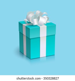 Vector Mint Blue Present Box With White Ribbon Bow.