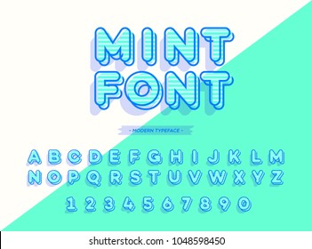 Vector mint font 3d style modern typography. Alphabet for logo, emblem, party poster, t shirt, printing on fabric, promotion, kids book, greeting card, decoration, stamp, label, special offer