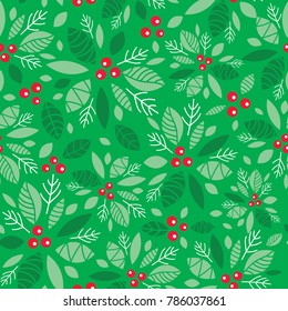 Vector Mint Green Holly Berry Holiday Seamless Pattern Background. Great For Winter Themed Packaging, Giftwrap, Gifts Projects.