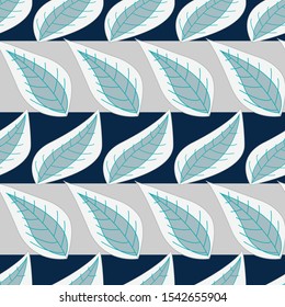 Vector Mint Green Leaves on Blue and Gray Stripes Background Seamless Repeat Pattern. Background for textiles, cards, manufacturing, wallpapers, print, gift wrap and scrapbooking.