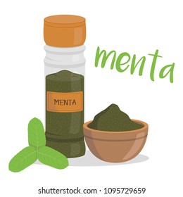 Vector mint illustration isolated in cartoon style. Spanish name. Herbs and Species Series
