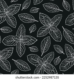 Vector Mint Leaf Seamless Pattern. Peppermint Tea. Fresh Mint leaves Background. Medicinal plants or Spicy Herbs Dot work illustration