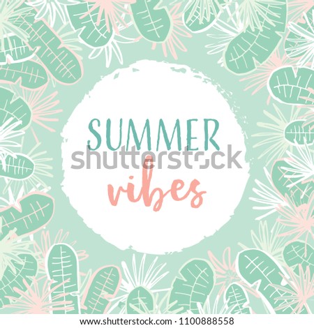 Vector mint and pink tropical palms and banana leaves invitation template Summer Vibes