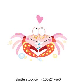 Vector miracle enamored funny crab with a heart on a white background