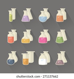 Vector miscellaneous form chemical and science flask set signs,icons with long shadows.Flat web internet icon