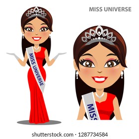 A vector of miss universe beauty pageant. The model is wearing a gown and also the miss universe crown
