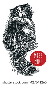 Vector Miss You postcard with hand-drawn cat Sketch style