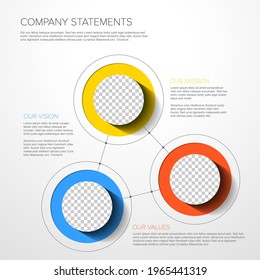 Vector Mission, vision and values company diagram schema infographic statement with circle photo placeholders for corporate images. Three strategy business goal elements with some descriptions.