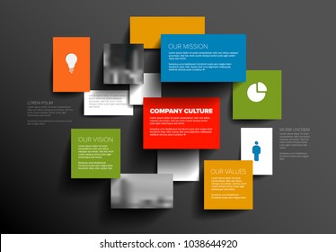 Vector Mission, vision and values diagram schema template with sample texts and photos - dark colorful version