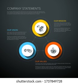 Vector Mission, Vision And Values Diagram Schema Infographic - Vivid Colors On A Dark Background