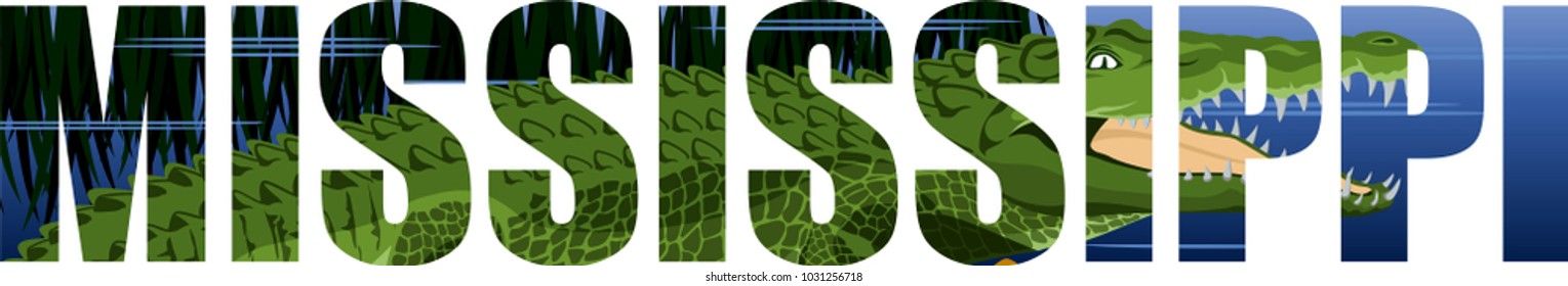 vector Mississippi - American state word with crocodile alligator and wetland river