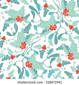 Vector Mistletoe Holly Berries Blue Red Seamless Pattern, Pastel Colors