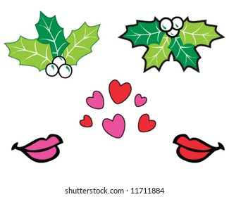 vector of mistletoe kit, two types of mistletoe with lips and hearts